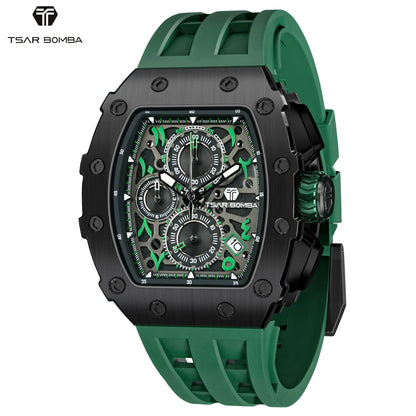 TSAR BOMBA Luxury Tonneau Quartz Watch for Men Japanese Movement, Stainless Steel Case,  Elegant Dress Wristwatch