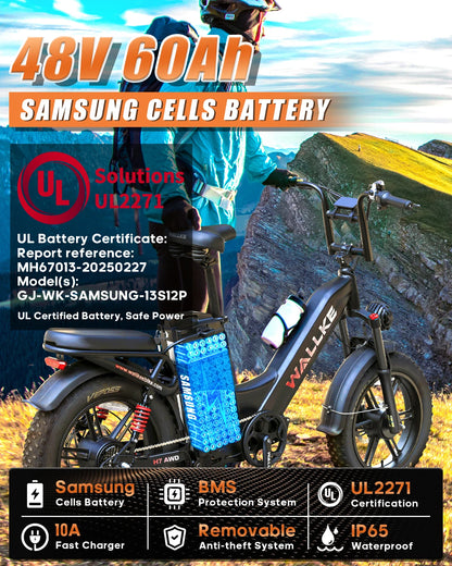 W Wallke H7 AWD 3200W Dual Motor Electric Bike for Adult 48V 60Ah Long Range 31MPH Fast Ebike 20" Fat Tire E-bike UL2849