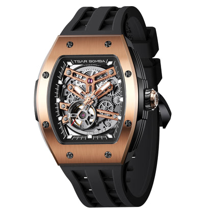 TSAR BOMBA Men Automatic Mechanical Watch Tonneau Shape Skeleton Design Stainless Steel Durable Elegant Business Style Watch