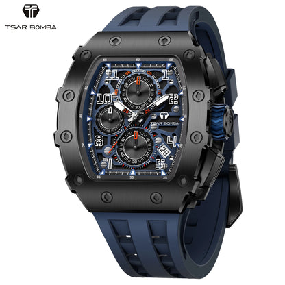 TSAR BOMBA Luxury Tonneau Quartz Watch for Men Japanese Movement, Stainless Steel Case,  Elegant Dress Wristwatch