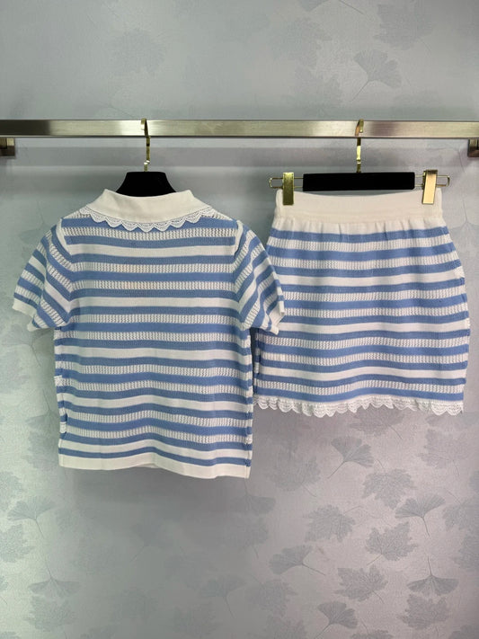 2025 New Lace Knitted Short sleeved Skirt Set 225