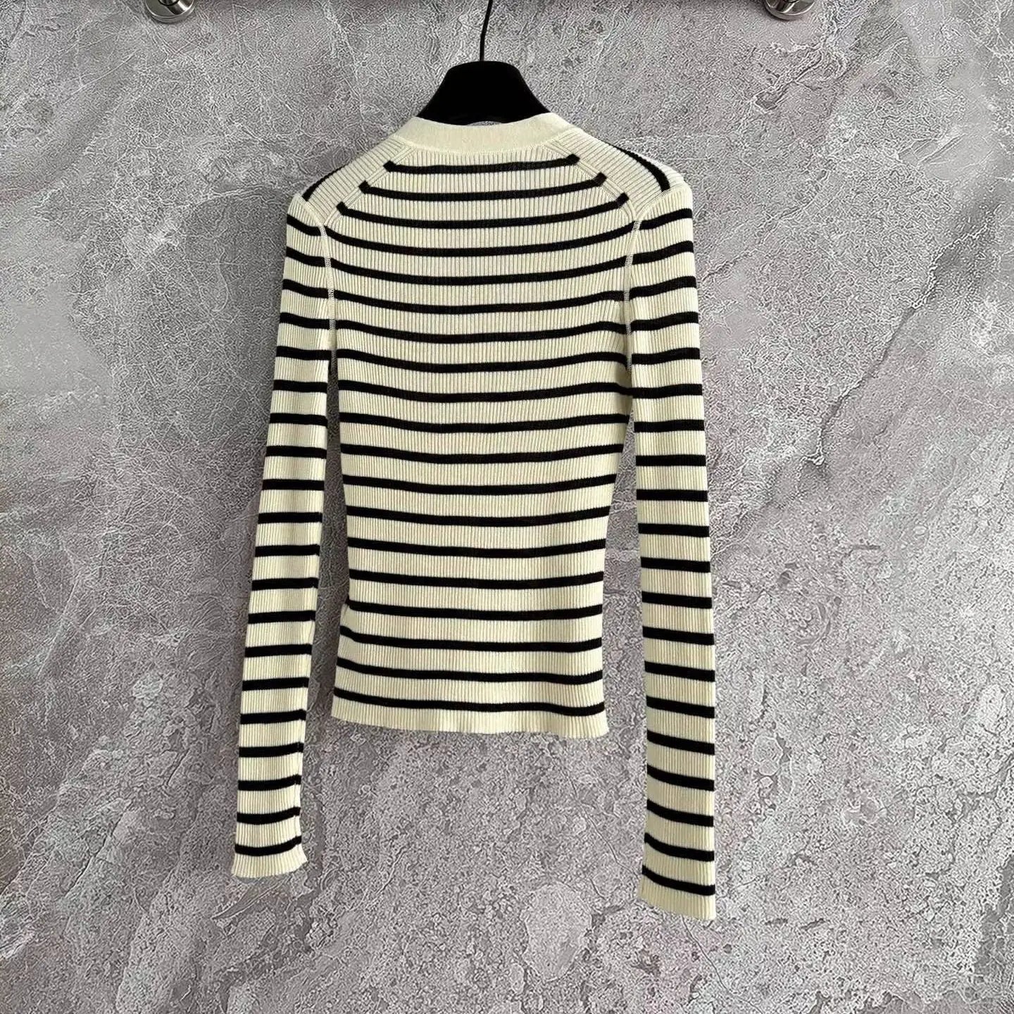 2025 Autumn and Winter New Striped Knitted Cardigan Linen Silk Blended Stretch Knitted Fabric Silver Pearl Buttons