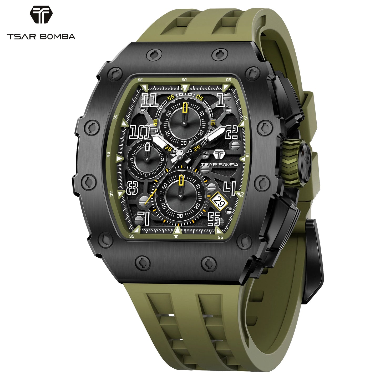 TSAR BOMBA Luxury Tonneau Quartz Watch for Men Japanese Movement, Stainless Steel Case,  Elegant Dress Wristwatch