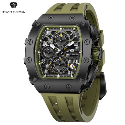 TSAR BOMBA Luxury Tonneau Quartz Watch for Men Japanese Movement, Stainless Steel Case,  Elegant Dress Wristwatch