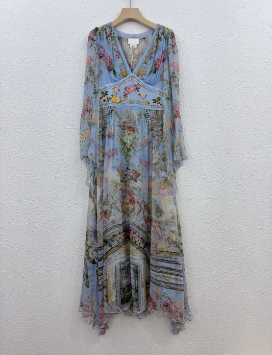 100% Real Silk Women V-Neck Floral Printing Flare Sleeve Midi Dress Bohemian Vintage Spring Elegant Beach Style High Quality