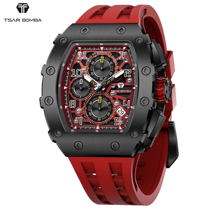 TSAR BOMBA Luxury Tonneau Quartz Watch for Men Japanese Movement, Stainless Steel Case,  Elegant Dress Wristwatch