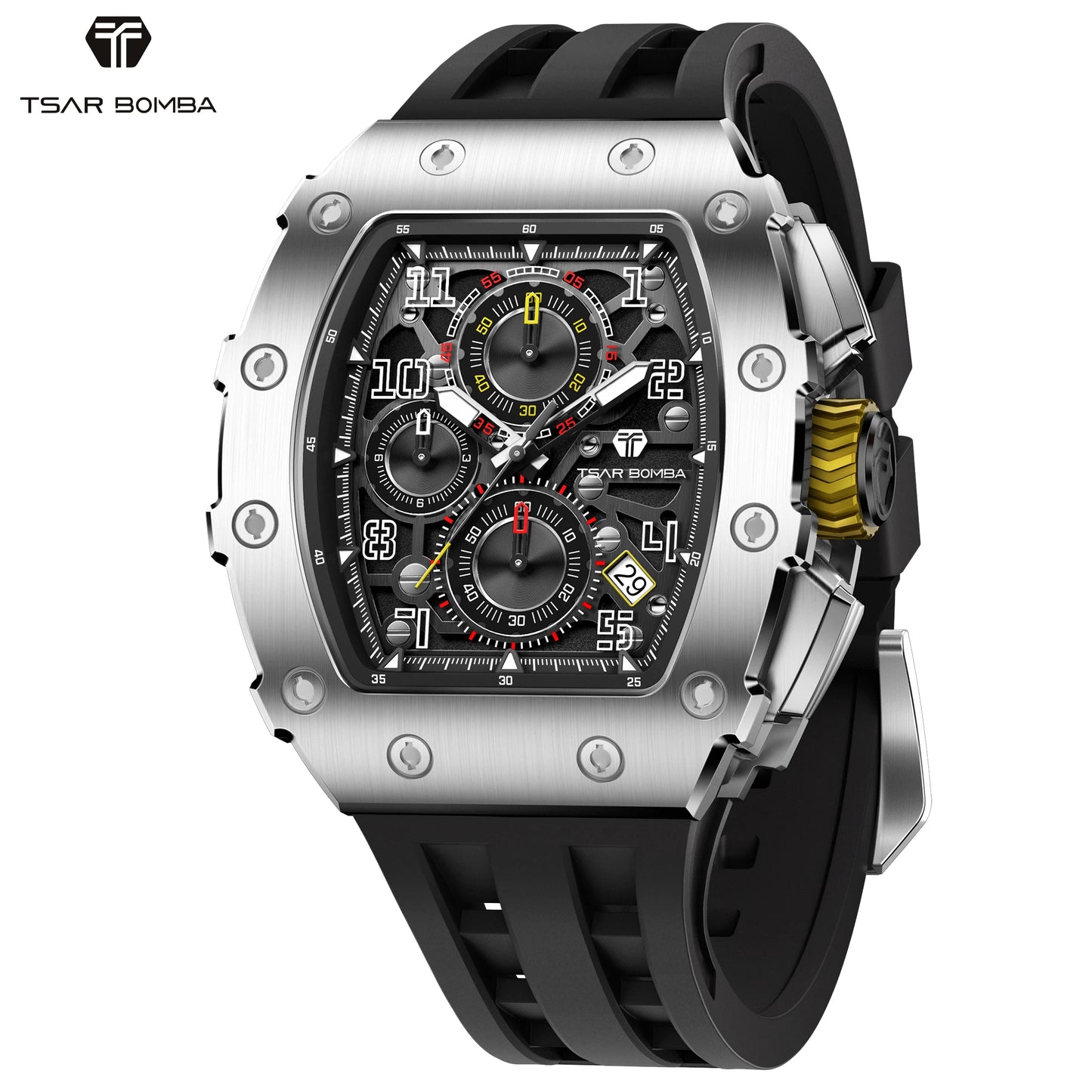 TSAR BOMBA Luxury Tonneau Quartz Watch for Men Japanese Movement, Stainless Steel Case,  Elegant Dress Wristwatch