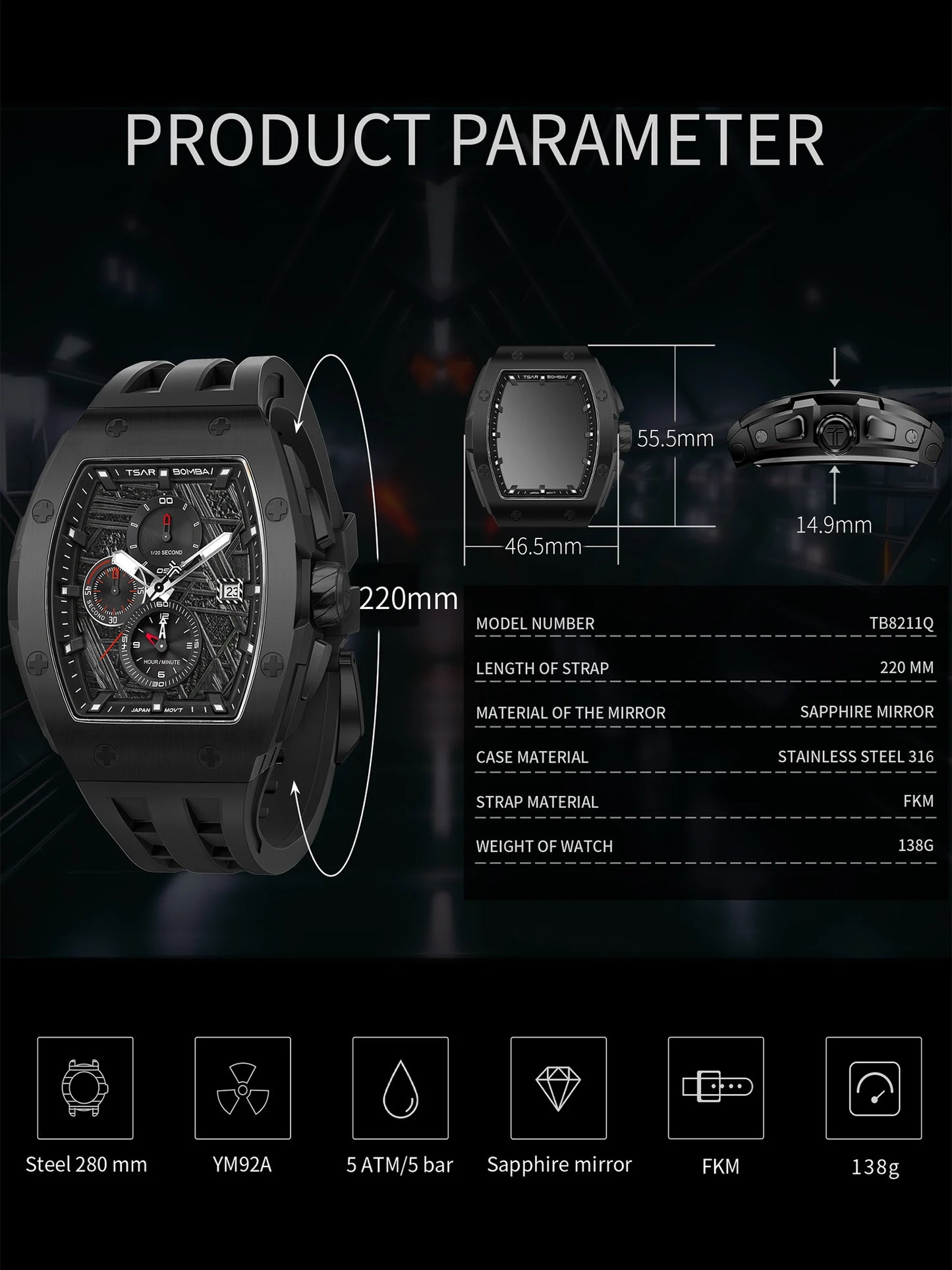 TSAR BOMBA Men’s Quartz Watch, Stainless Steel Case, Japanese Movement, Chronograph Date, Sapphire Crystal, 50M Water Resistant