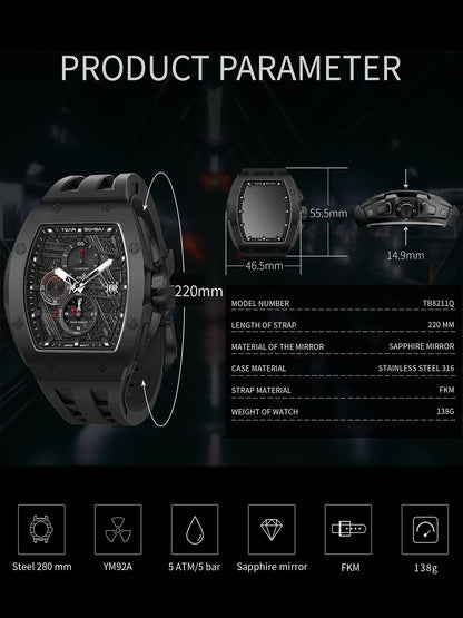 TSAR BOMBA Men’s Quartz Watch, Stainless Steel Case, Japanese Movement, Chronograph Date, Sapphire Crystal, 50M Water Resistant