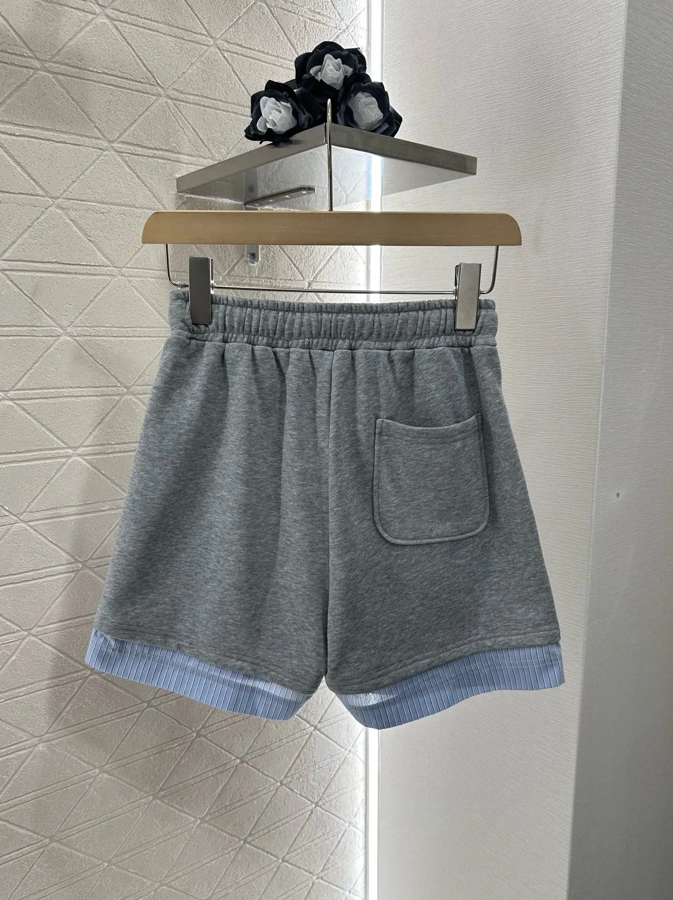 Blue and white striped crew neck sweatshirt and shorts