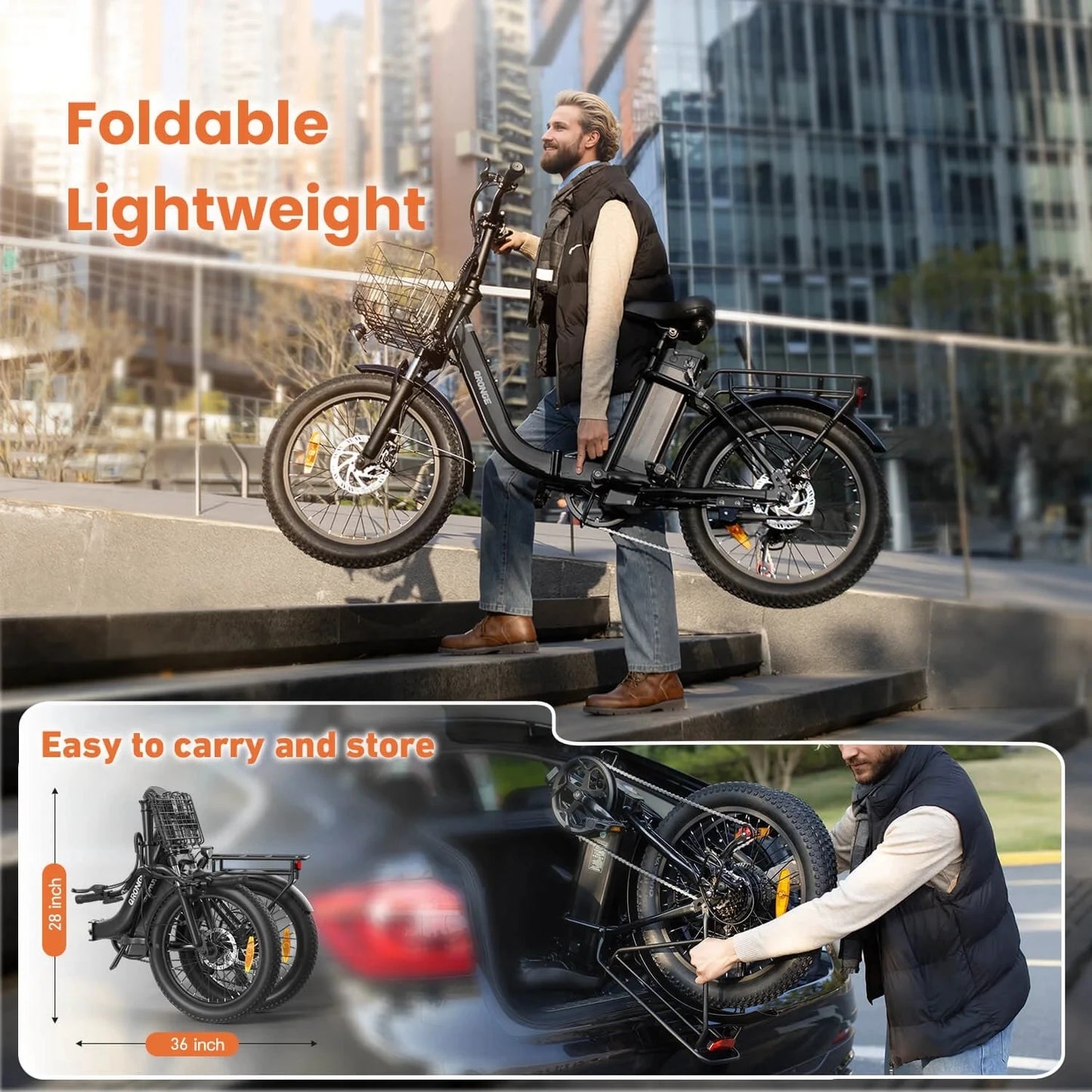 QRONGE Electric Bike 1000W Peak Folding Electric Bike 20" Step-Thru Eletric Bicycle with Front Basket 7 Speed 25 MPH Ebike