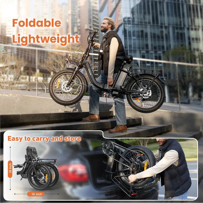 QRONGE Electric Bike 1000W Peak Folding Electric Bike 20" Step-Thru Eletric Bicycle with Front Basket 7 Speed 25 MPH Ebike