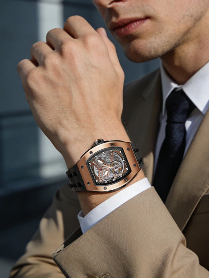 TSAR BOMBA Men Automatic Mechanical Watch Tonneau Shape Skeleton Design Stainless Steel Durable Elegant Business Style Watch