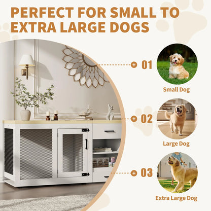 91 Inch Large Double Dog Crate Furniture TV Stand With Feeding Station Storage Heavy Duty Kennel For 2 Dogs