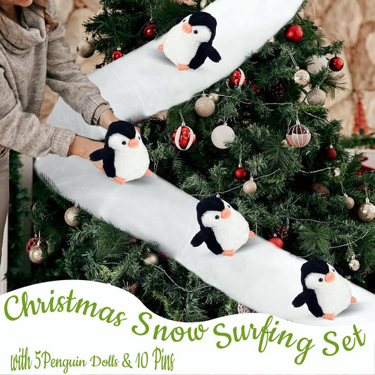 1set Christmas Stair Decoration Fake Snow Cotton Carpet with Sliding Penguins DIY Staircase Decors for Indoor Xmas Tree Banister