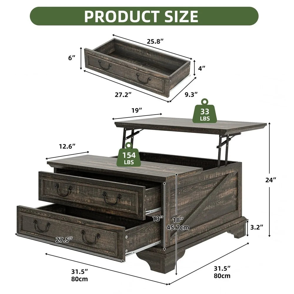 Farmhouse Square Lift-Top Coffee Table Large with Hidden Compartment Living Room