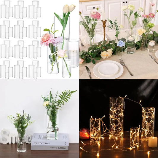 Set of 48 Transparent Glass Cylinder Vases Assorted Heights for Wedding Centerpieces, Decorative Flower Vases, Candle Holders