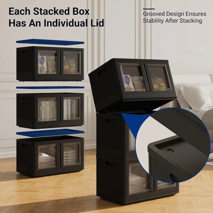 228 QT Stackable Storage Bins With Lids, Collapsible Plastic Storage Bins With Doors and Built-in Wheels,3 Pack Cubes,Blackm Clo