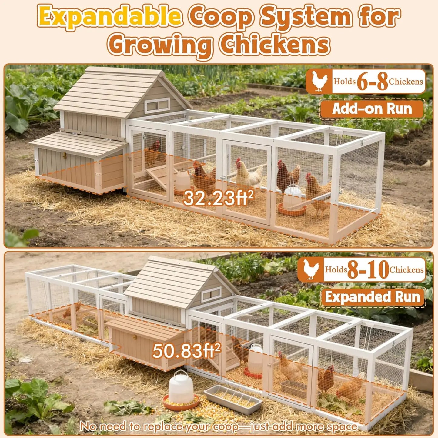 Extra Large Chicken Coop with 2 Runs for 8–10 Chickens Outdoor Wooden Hen House Poultry Cage with 6 Nesting Boxes, Dual Ramp Doo