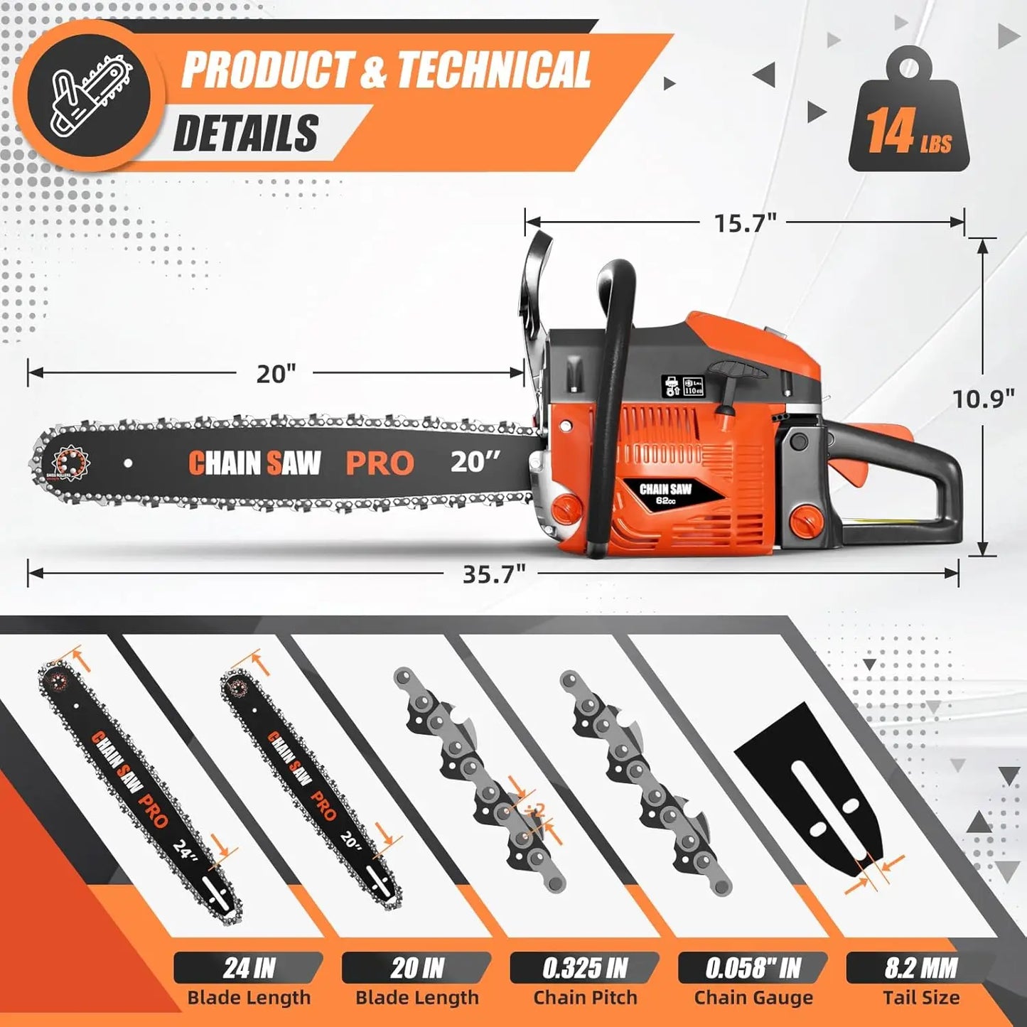 Professional 20/24 Inch Gas Chainsaw with 2-Stroke Engine, Ergonomic Handle & Dual Tanks for Wood Cutting