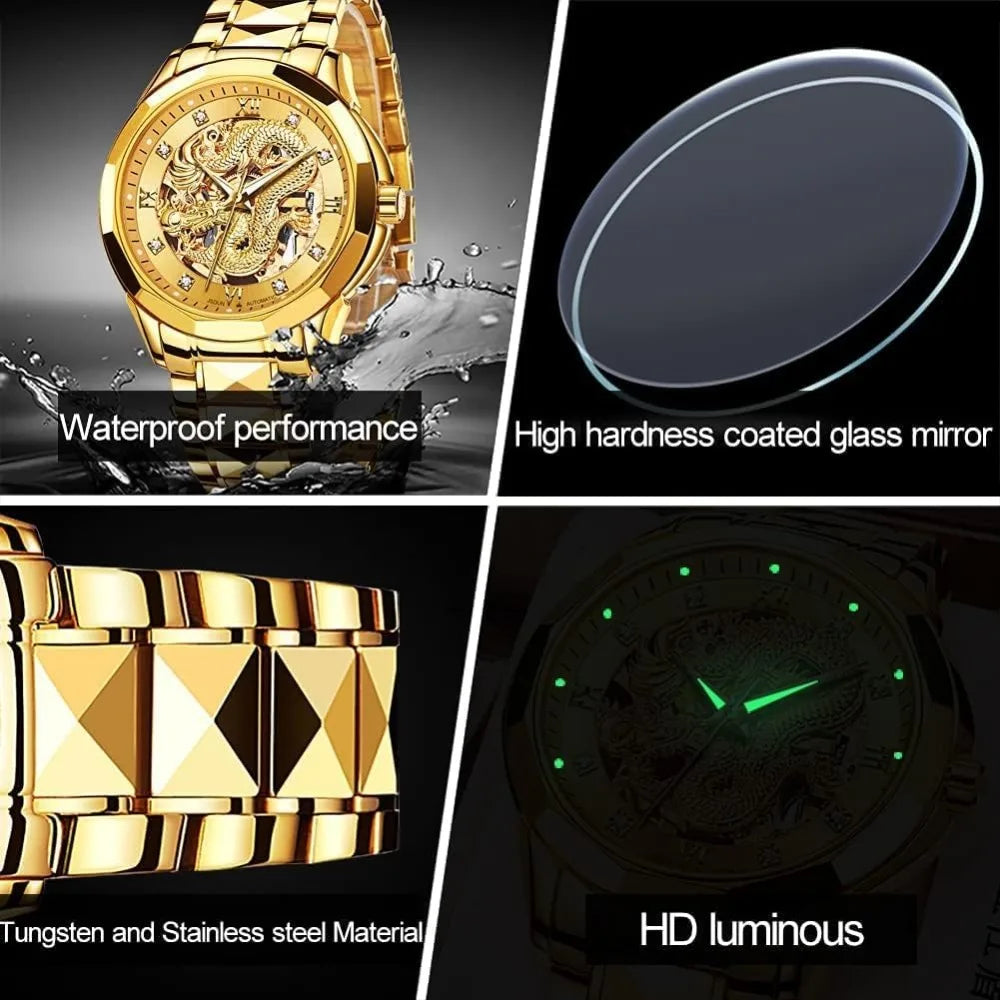 Automatic Mechanical Hollow Dragon Watch Men's Luxury Gold Diamond 50M Waterproof Luminous