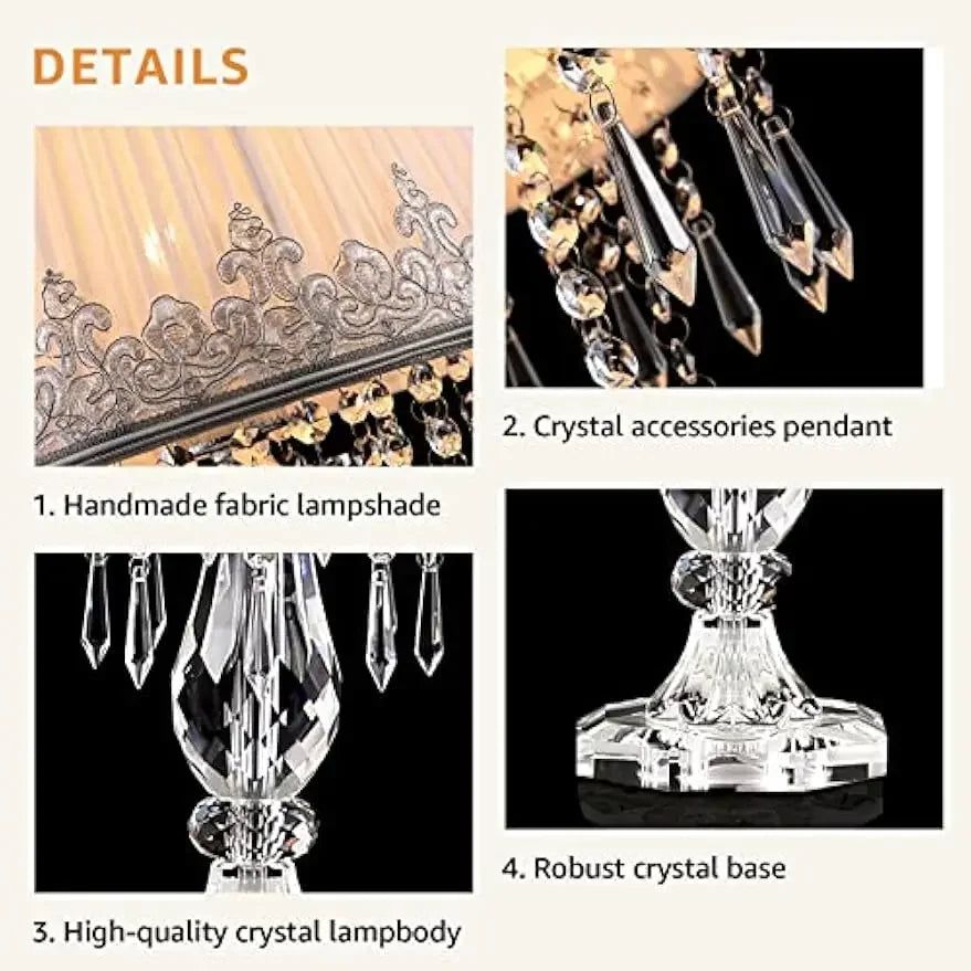 Modern Bedside Crystal Table Lamp with Ruched Fabric Lampshade Elegant Plug-in Crystal Chandelier Nightstand Room Decor