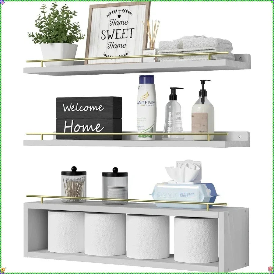 24 Inch Floating Cube Shelves with Metal Rail, Wall Storage Organizers for Bathroom Decor and Living Room