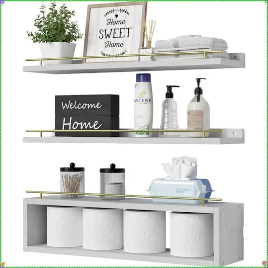 24 Inch Floating Cube Shelves with Metal Rail, Wall Storage Organizers for Bathroom Decor and Living Room
