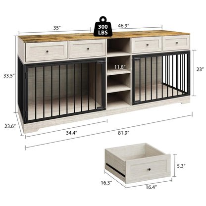 82'' Large Double Dog Crate Furniture TV Stand With 4 Drawers Shelves Heavy Duty Wooden Indoor Kennel For 2 Medium Large Dogs