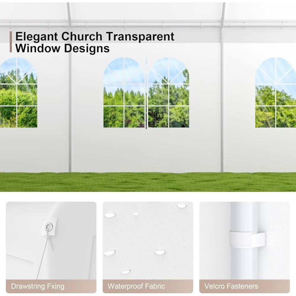 "20ft x 26ft durable carport with roll-up clear panels, reinforced party tent with detachable walls and doors"