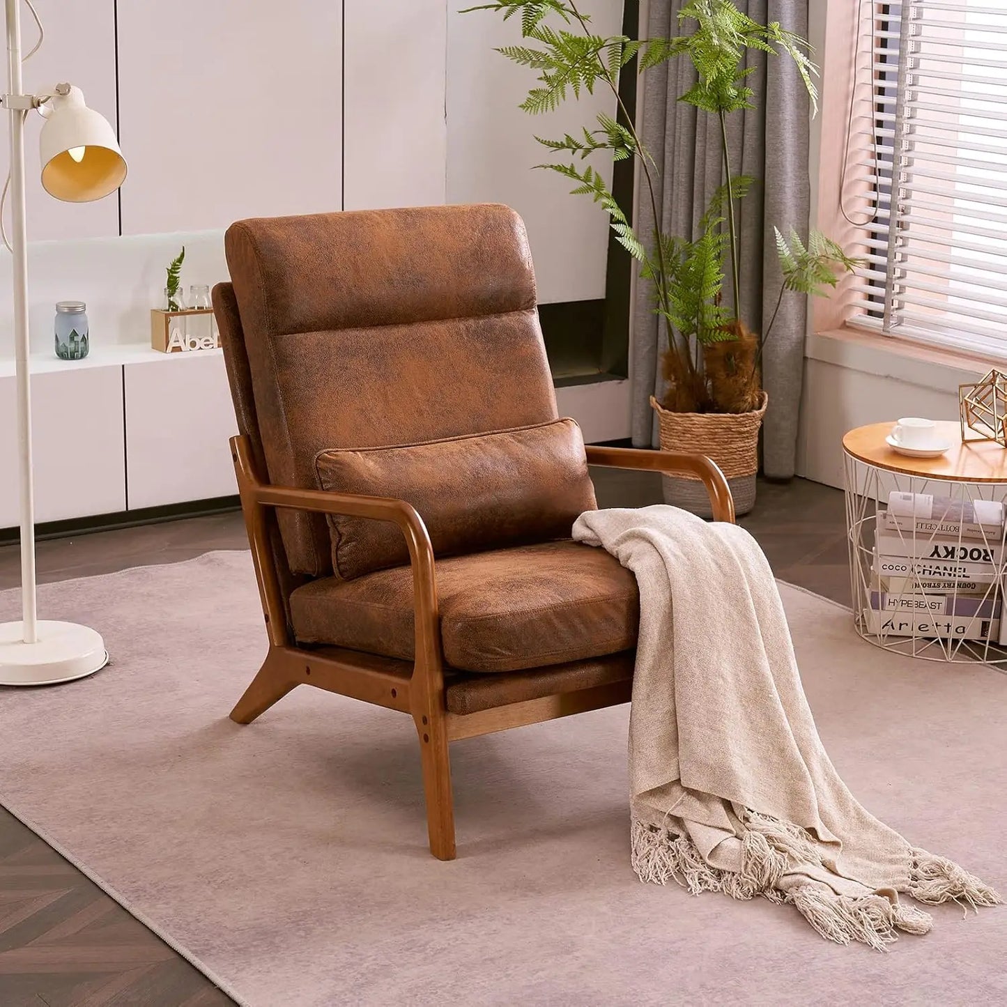 Mid-Century Accent Modern Chair with Pillow High Back Bronzing Cloth Upholstered Lounge Arm Chair with Solid Wood Frame