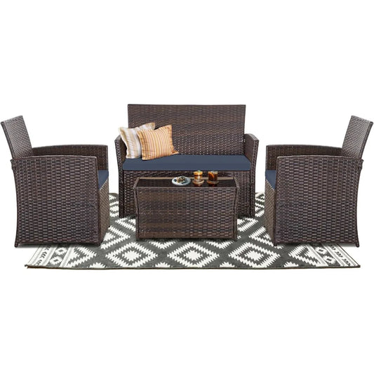 Patio Furniture Set, Outdoor Wicker Conversation Set, Rattan Sectional Sofa Couch with Glass Coffee Table & Thick Cushio