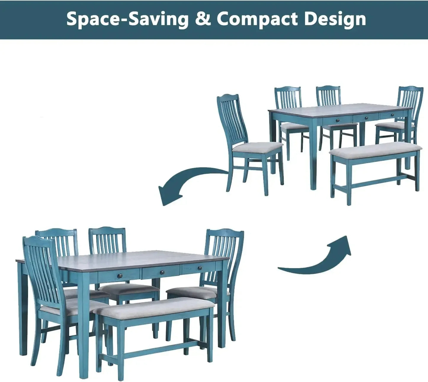 Dining Table Set for 6 with Chairs Blue, 6 Piece Kitchen Table and Bench Set with Storage Drawers, Farmhouse Table with Bench