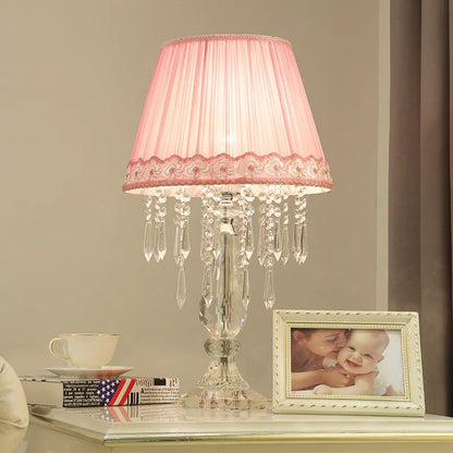 Modern Bedside Crystal Table Lamp with Ruched Fabric Lampshade Elegant Plug-in Crystal Chandelier Nightstand Room Decor