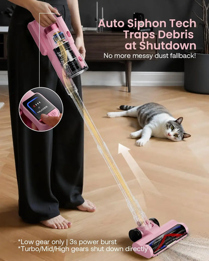 Cordless Vacuum Cleaner with 60Kpa Suction, 70min Runtime, Green LED Light for Pet Hair on Floors & Carpet
