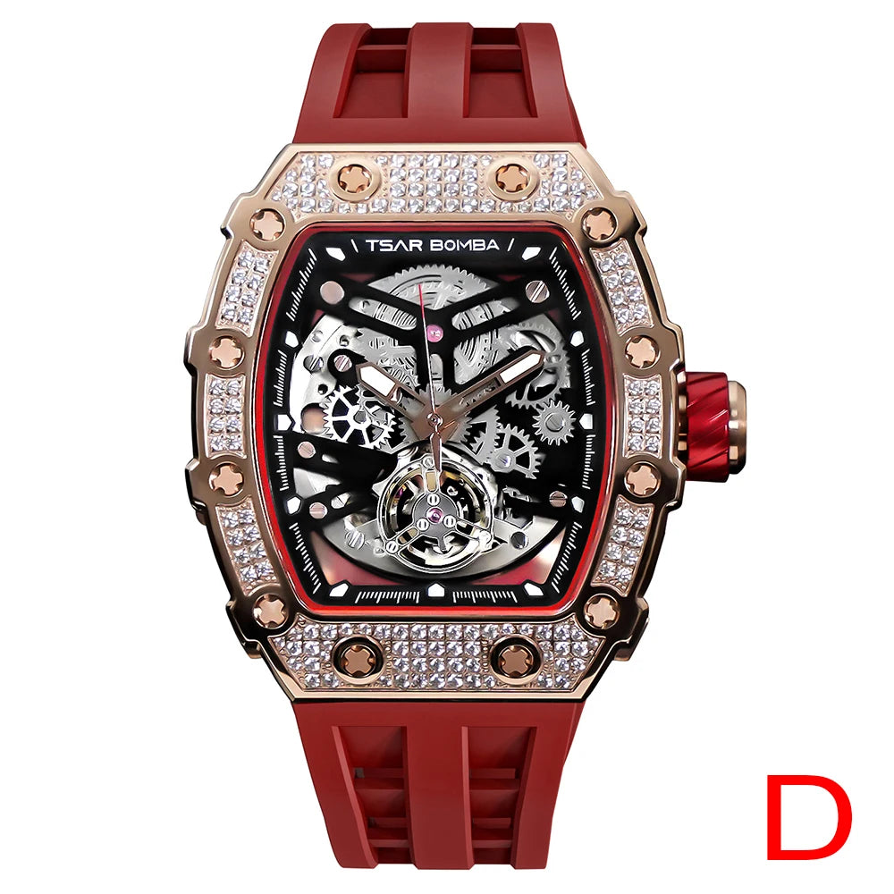 TSAR BOMBA Mens Automatic Watch Diamond Mechanical Wristwatch Waterproof Carbon Fiber Clock Fashion Skeleton Watch for Men