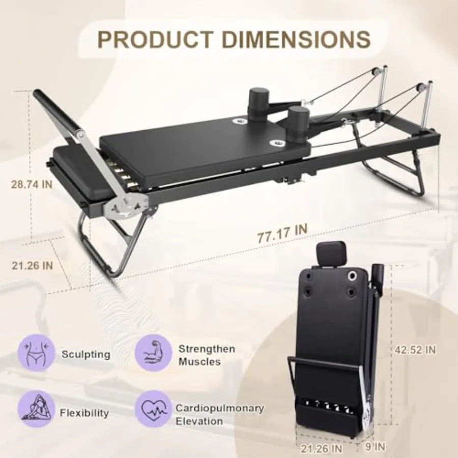 Foldable Pilates Reformer Machine for Gym and Home Workout: Compact Fitness Equipment with Adjustable Resistance and Smooth Gli