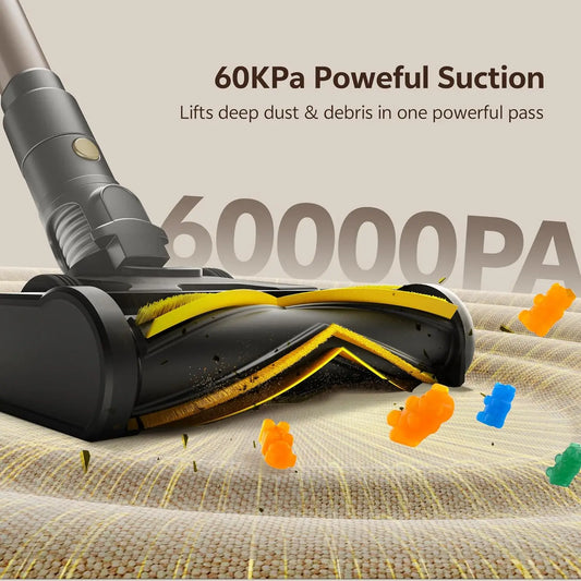 Cordless Vacuum Cleaner, 600W 60KPA 65Mins, Touch Screen Self-Standing for All Floors Pet Hair
