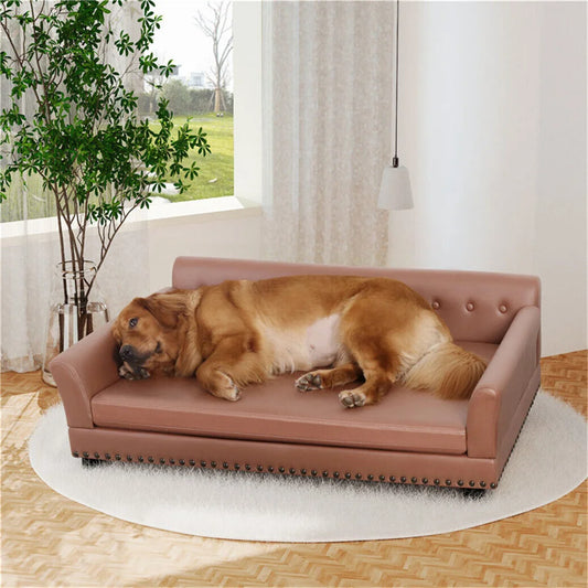 Large Elevated Dog Bed PU Leather Luxury Dog Sofa Couch Waterproof Pet Animal Backrest Snuggle Lounge Bed with Removable Cushion