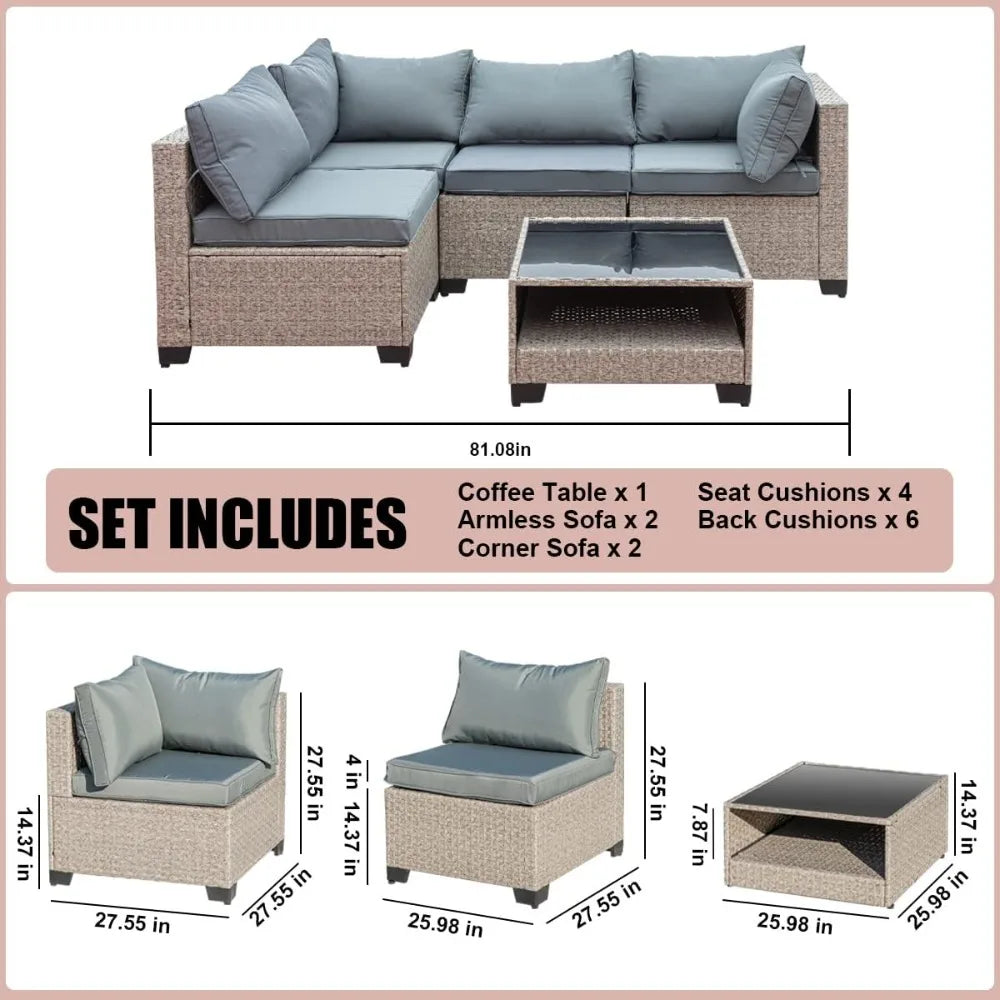 5-Piece Patio Furniture Set – All-Weather Outdoor Sectional Sofa w/Water-Resistant Grey Cushions – Conversation Set