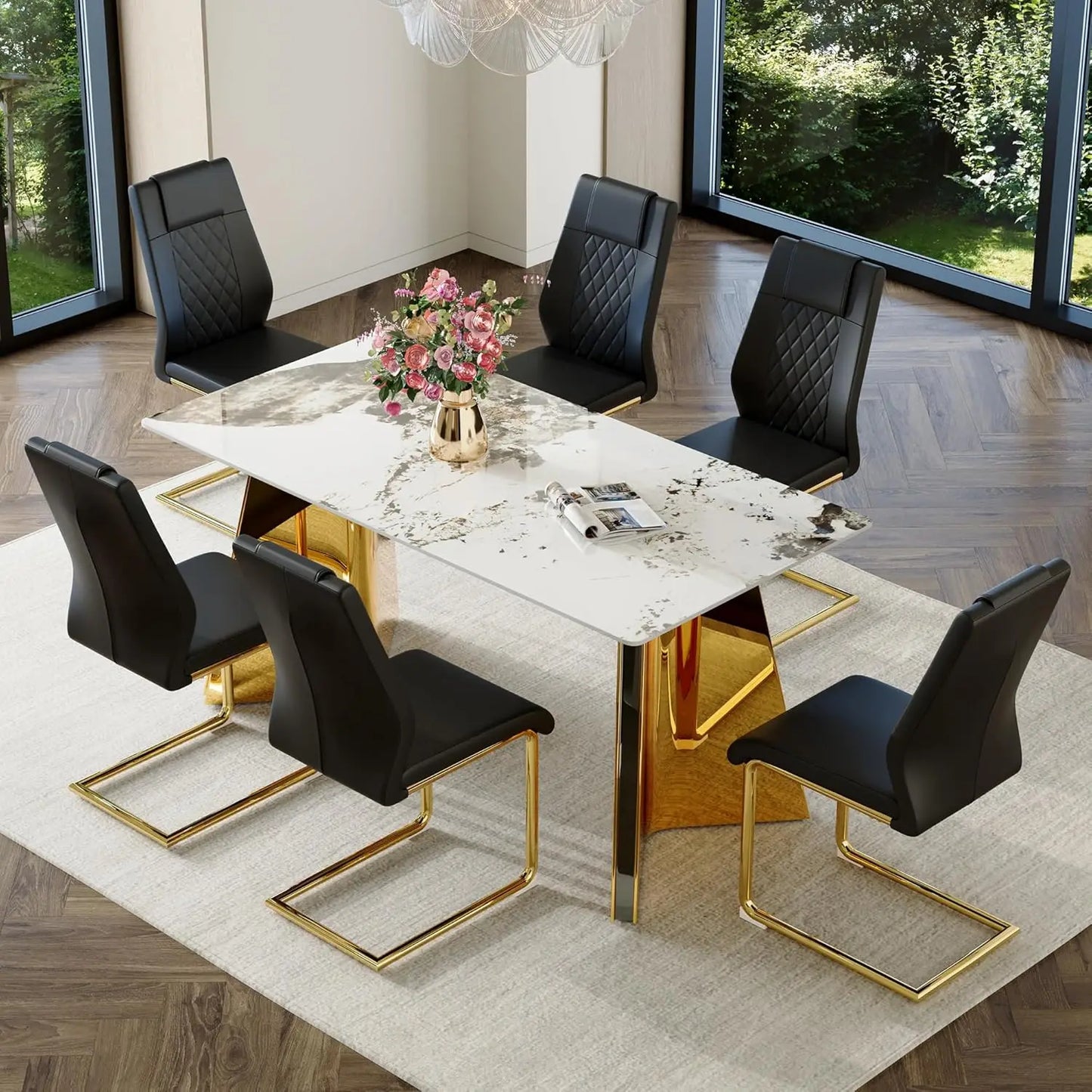 7 Pieces Dining Table Set,63" Marble Kitchen Room Table with 6 Black Chairs,Rectangle Sintered Stone Top with Gold Legs