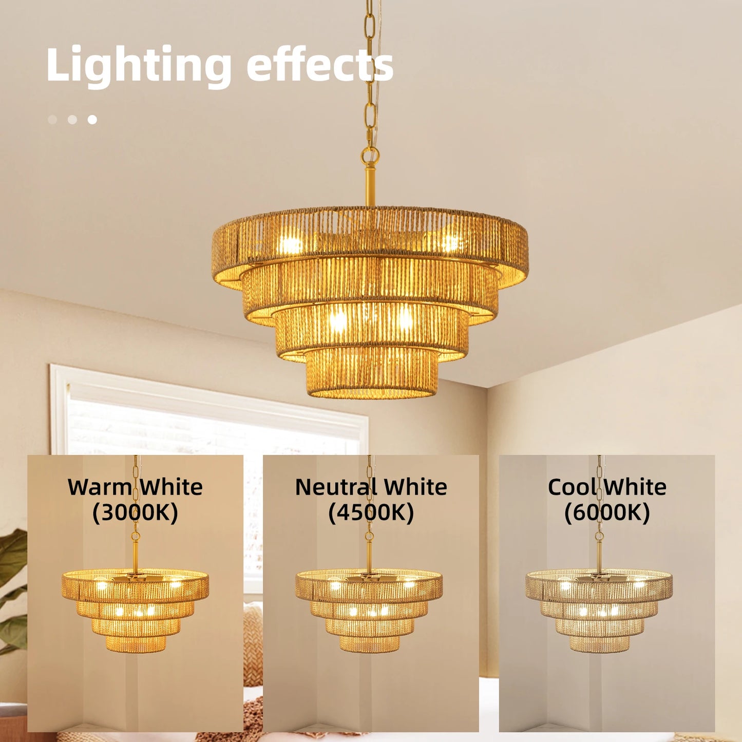 19.7" Boho Hand-Woven Rattan Chandelier Vintage Farmhouse 4 Round Hemp Rope Pendant Light for Dining Room Kitchen Island