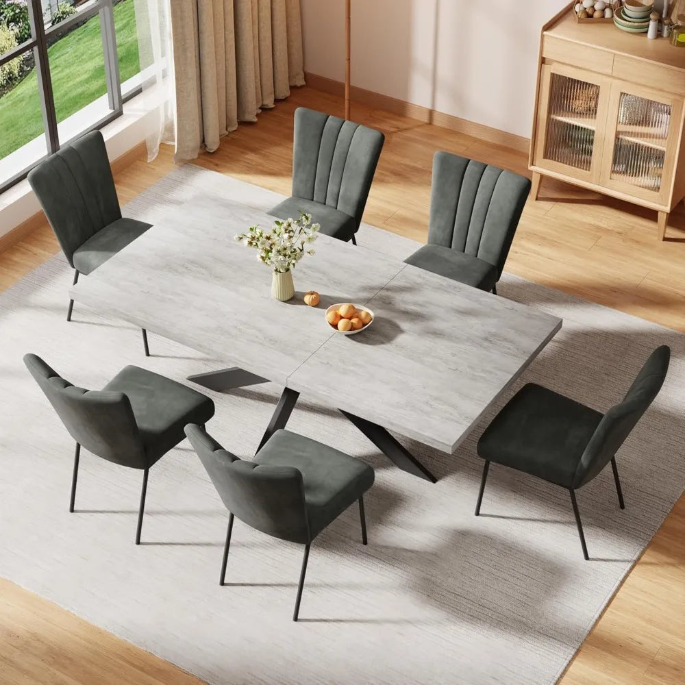 6-Piece Extendable Dining Table Set, Modern 51''–67'' Grey Wood Table with 6 Black Fabric Chairs, Dining Room Table and Chairs