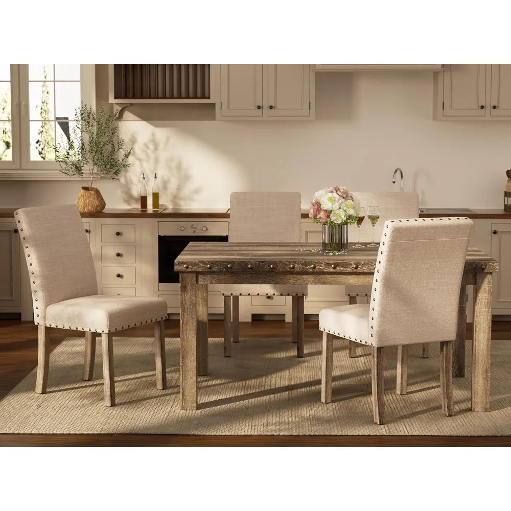 Rustic 6-Seater Dining Set | 60" Rectangular Wood Table & 6 Upholstered Chairs with Nailhead Trim