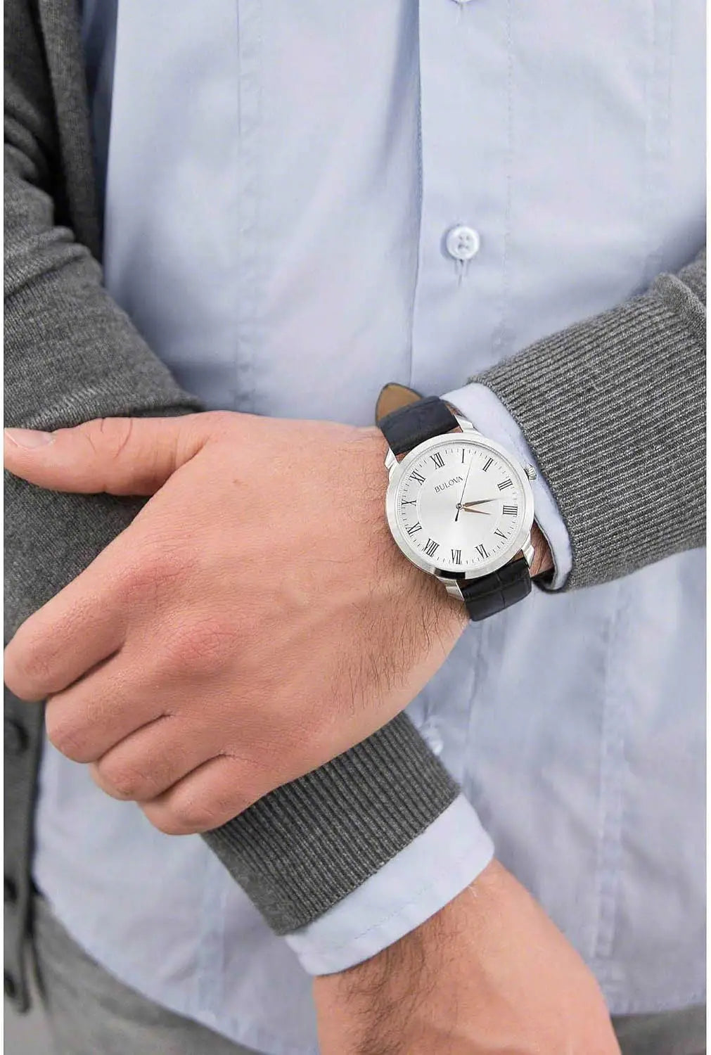 Classic Men's Quartz Watch with Black Leather Strap, Roman Numerals, 41mm