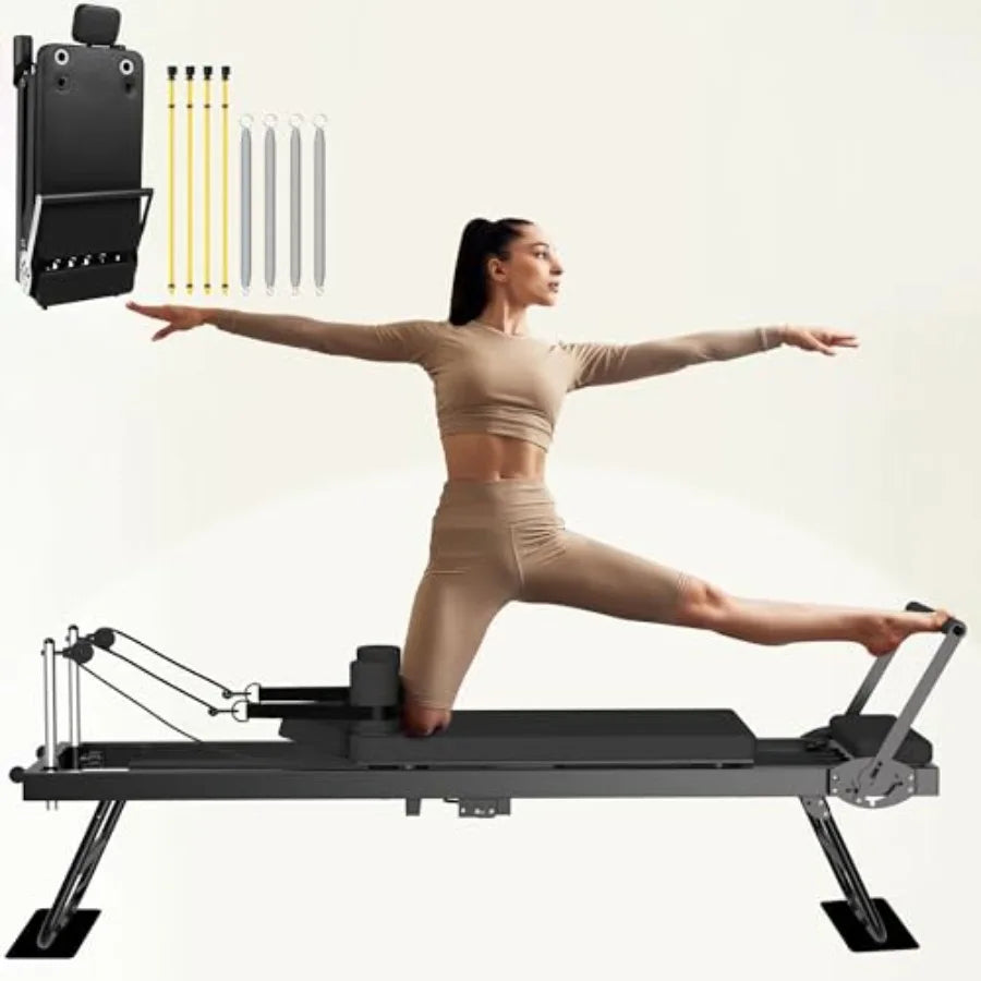 Foldable Pilates Reformer Machine for Gym and Home Workout: Compact Fitness Equipment with Adjustable Resistance and Smooth Gli