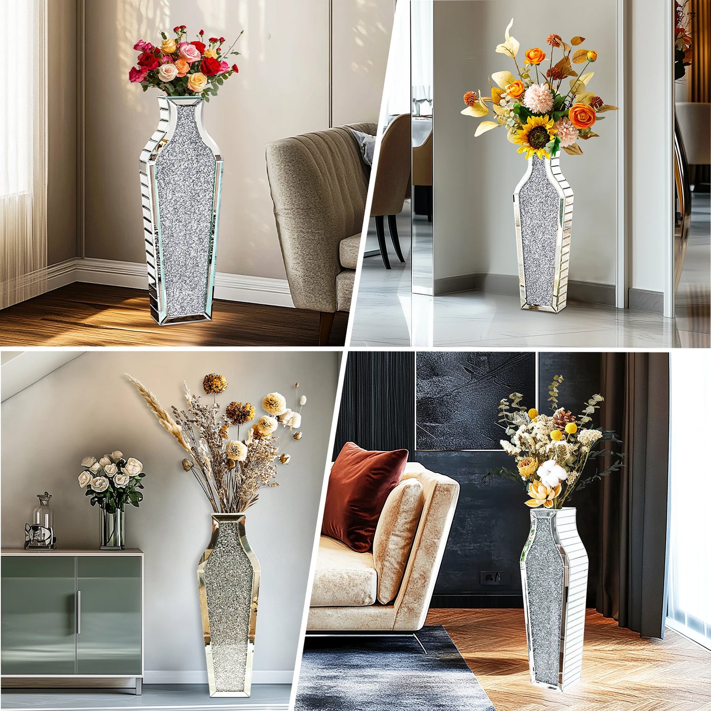 Tall Flower Vase Crushed Diamond Mirrored Floor Home Deco Vase