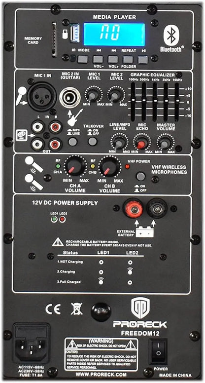 PRORECK Freedom 12 Portable Wireless 12" 500W PA Speaker with Rechargeable Battery, BT/USB/SD/FM, Remote & Wireless Mic.