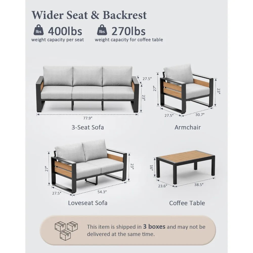 Outdoor Aluminum Patio Furniture - 1 Pcs 3-Seat, All-Weather Metal Modern Outside Sofa with Washable Thick Cushion for Garden