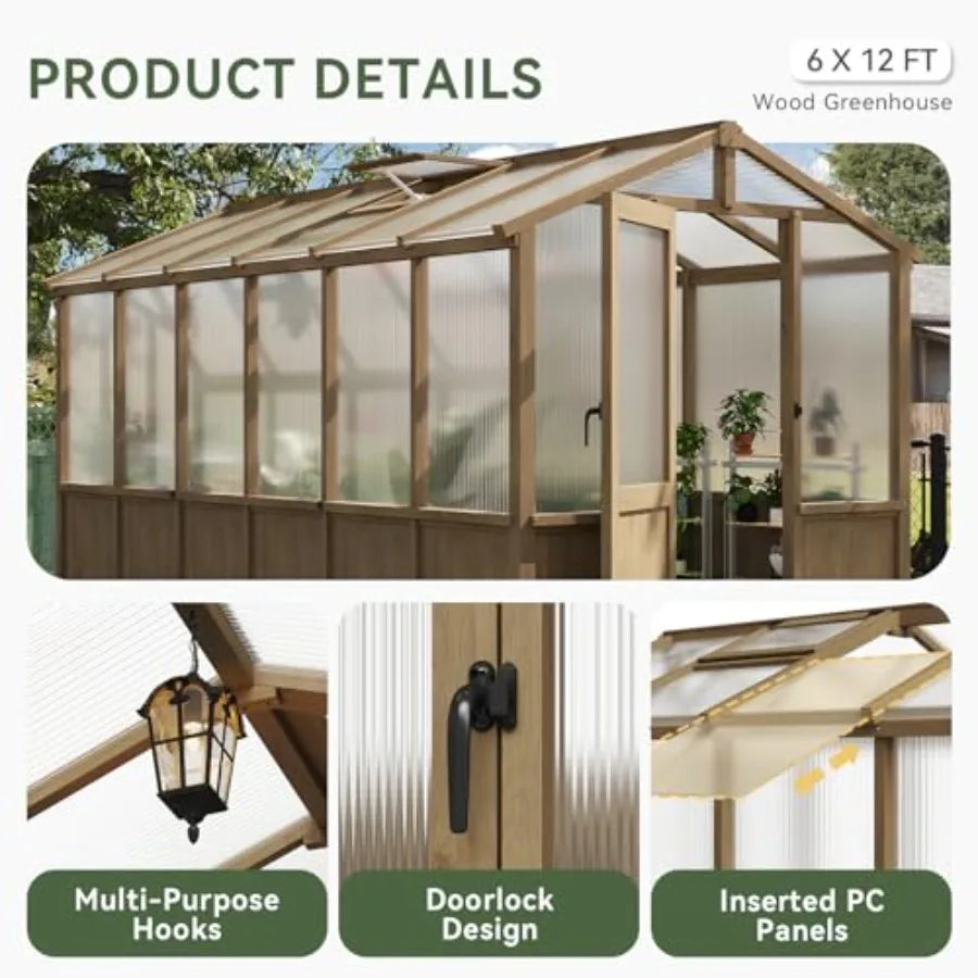 6x12 FT Wooden Greenhouse for Outdoors Polycarbonate Panel Walk-in Green House Kit with Adjustable Roof Vent and Lockable Door